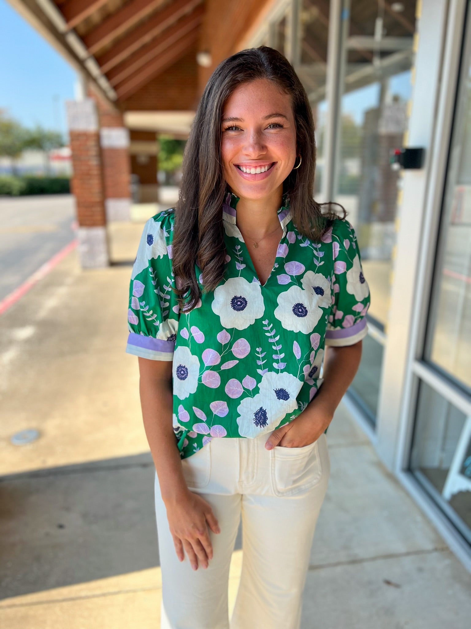 Waiting For You Green Floral V - Neck Top with Multicolor Banding - A'Bekah's Boutique