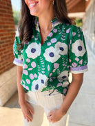 Waiting For You Green Floral V - Neck Top with Multicolor Banding - A'Bekah's Boutique