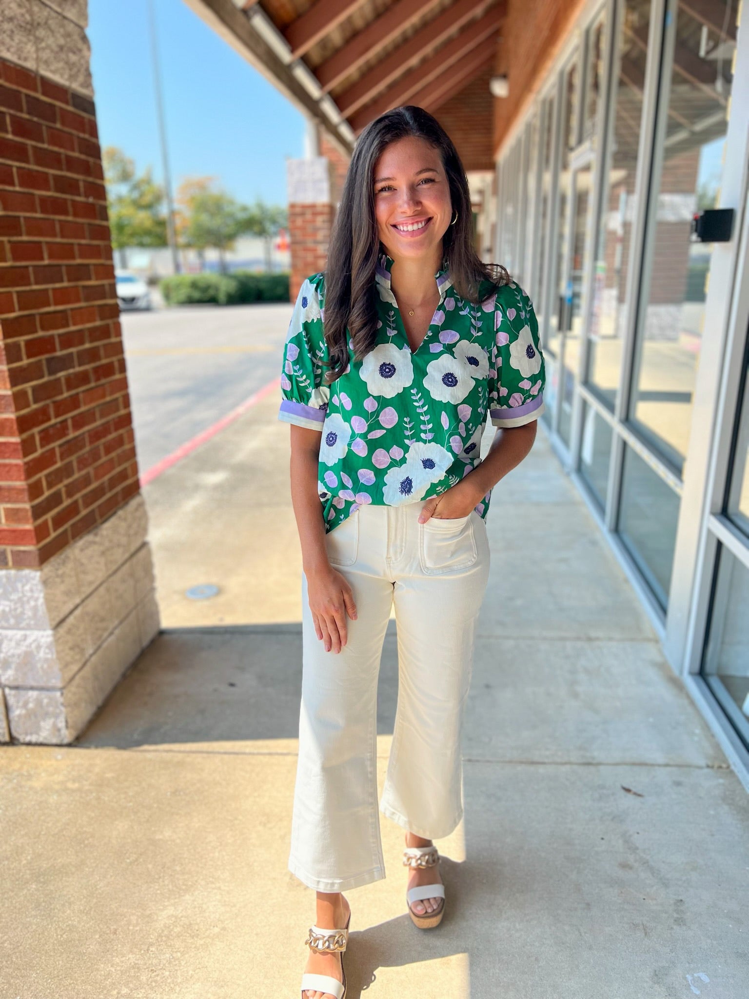 Waiting For You Green Floral V - Neck Top with Multicolor Banding - A'Bekah's Boutique