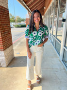 Waiting For You Green Floral V - Neck Top with Multicolor Banding - A'Bekah's Boutique