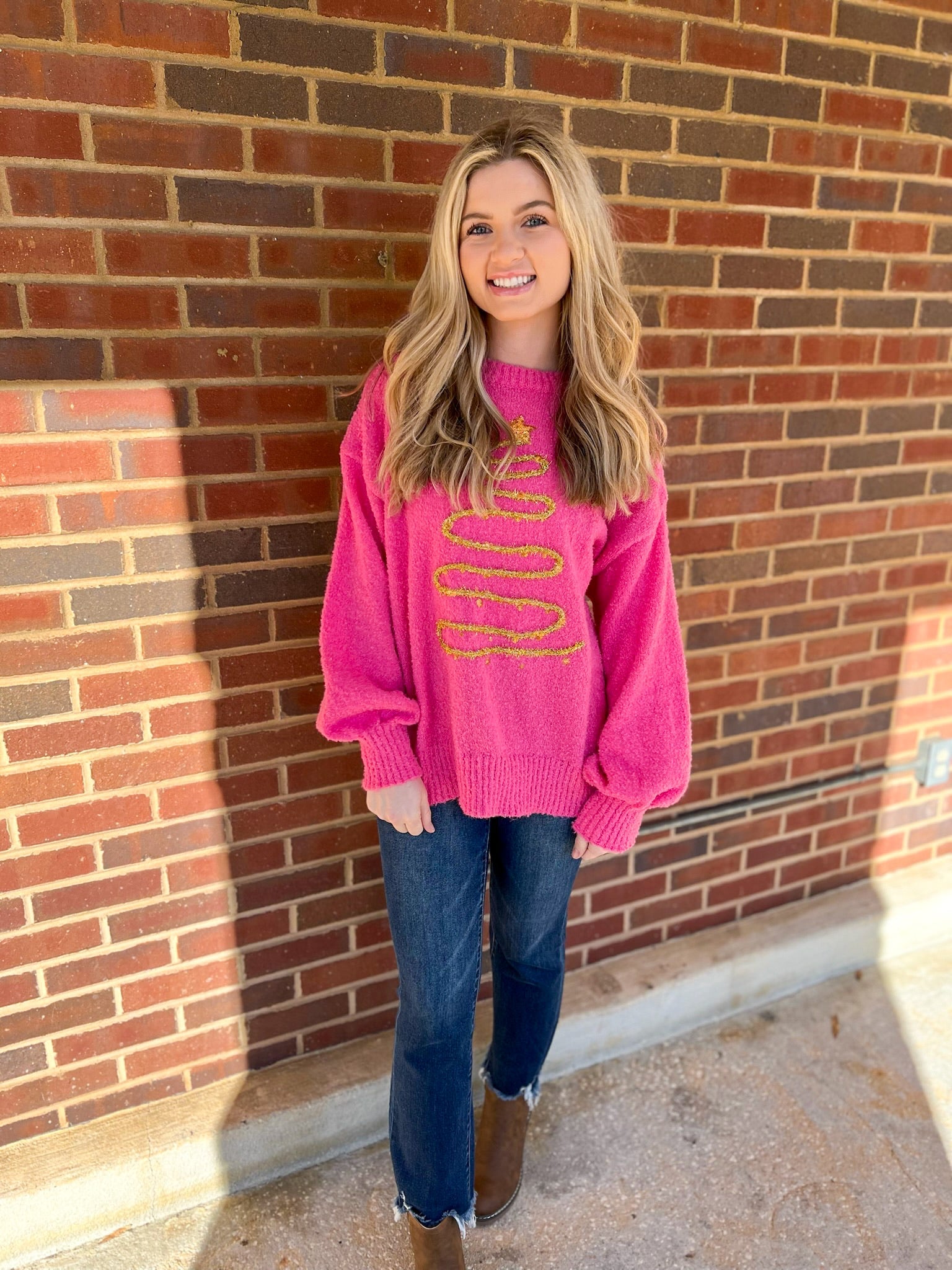 Warm Wishes Pink Christmas Tree Lurex Thread Embroidered Sweater - A'Bekah's Boutique