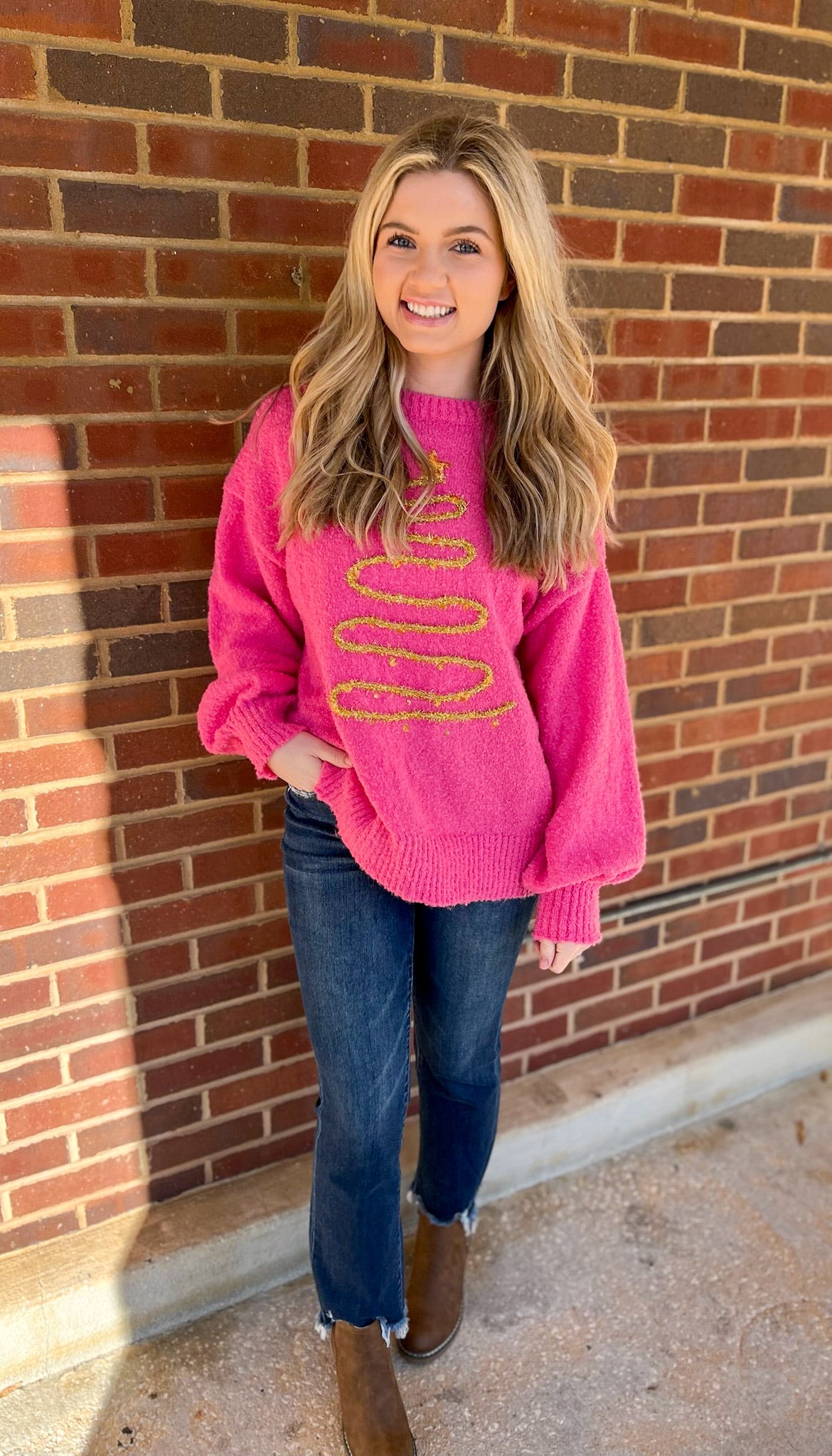 Warm Wishes Pink Christmas Tree Lurex Thread Embroidered Sweater - A'Bekah's Boutique