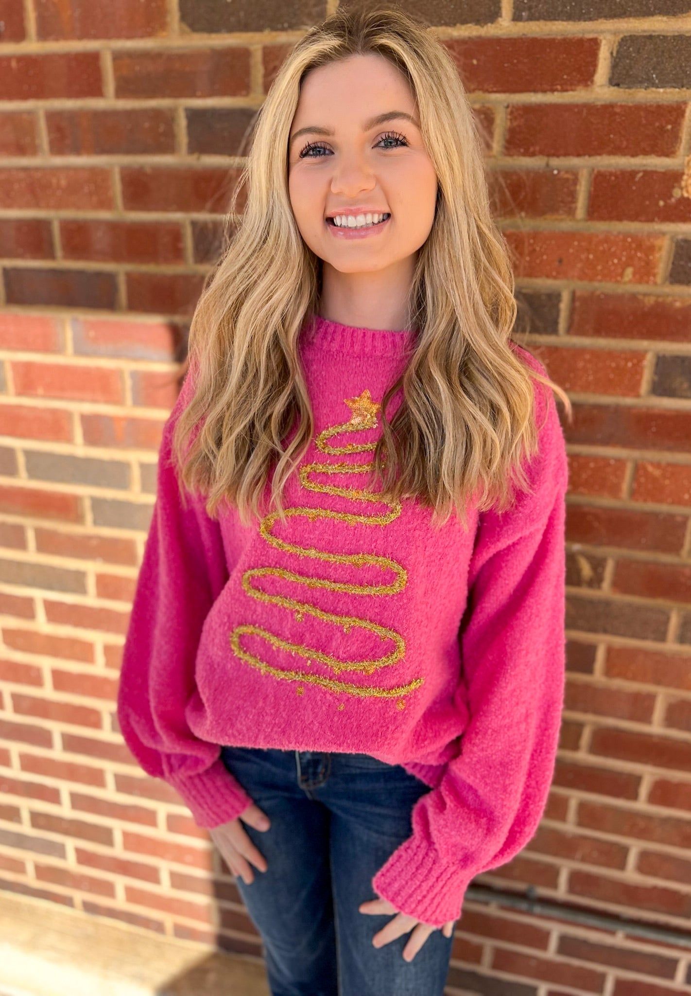 Warm Wishes Pink Christmas Tree Lurex Thread Embroidered Sweater - A'Bekah's Boutique