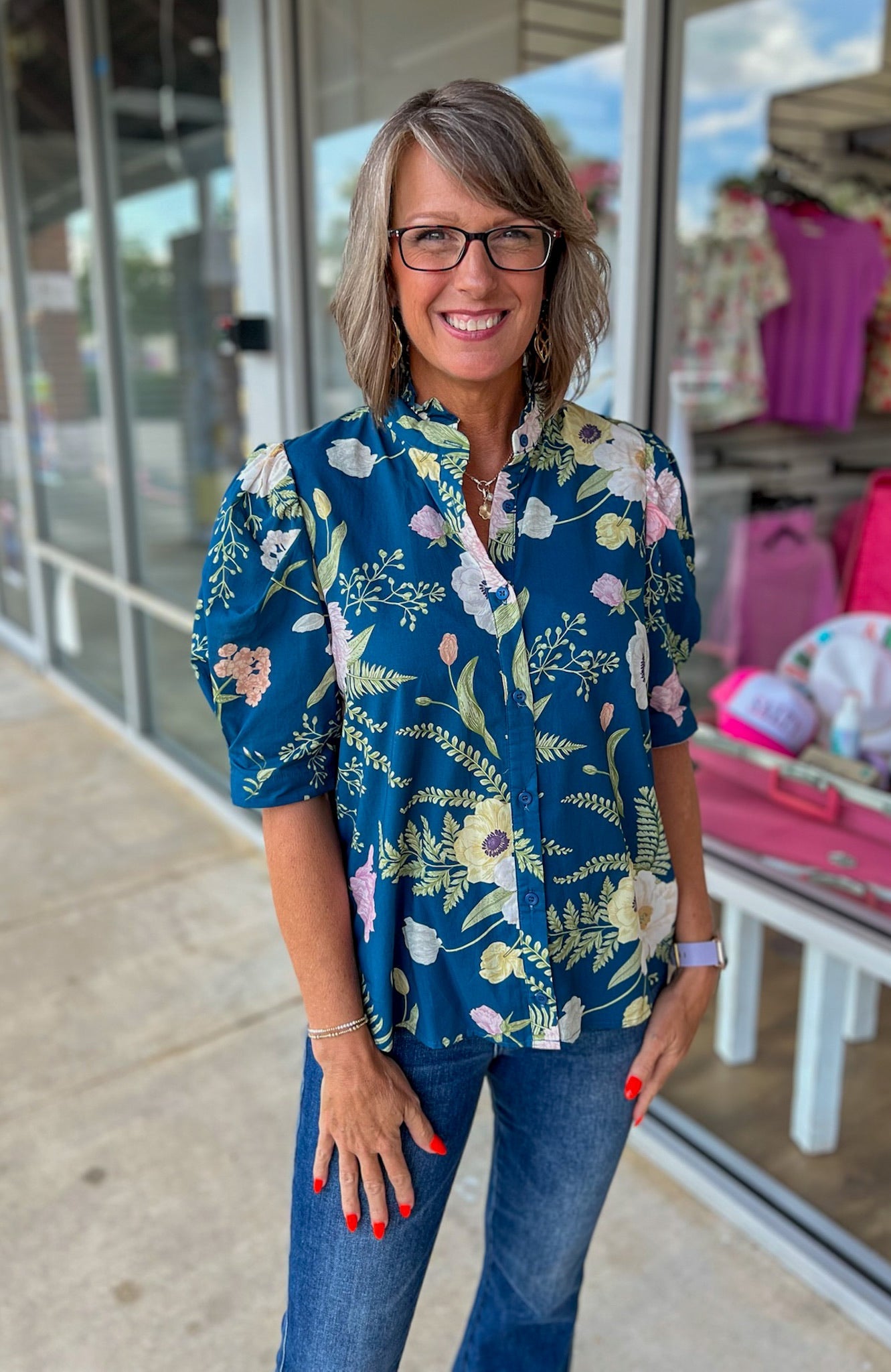 Way Back When Teal Floral High Neckline Top - A'Bekah's Boutique