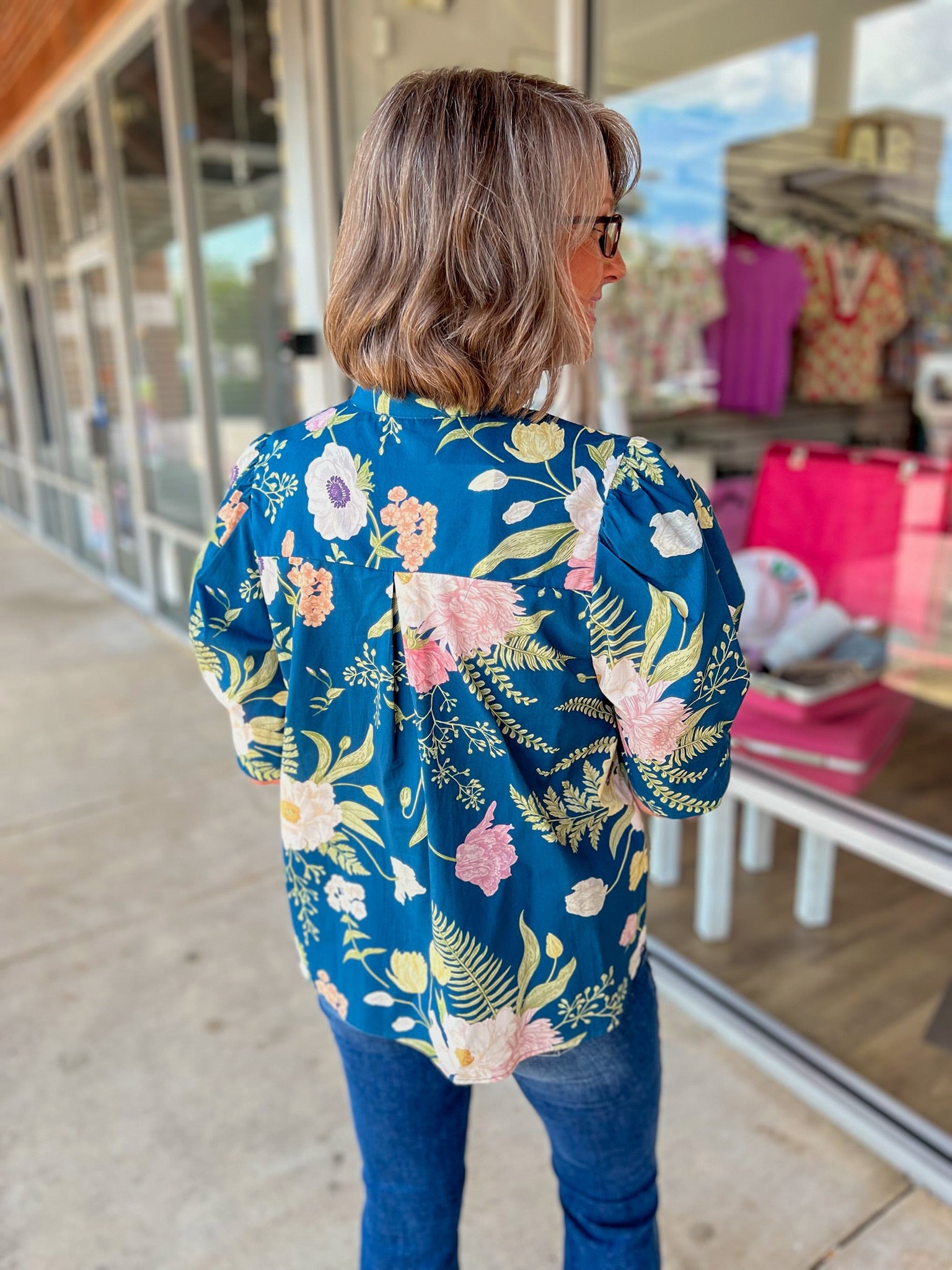 Way Back When Teal Floral High Neckline Top - A'Bekah's Boutique