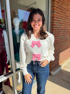 What A Surprise Cream Long Sleeve Sweater with Pink Bow Details - A'Bekah's Boutique