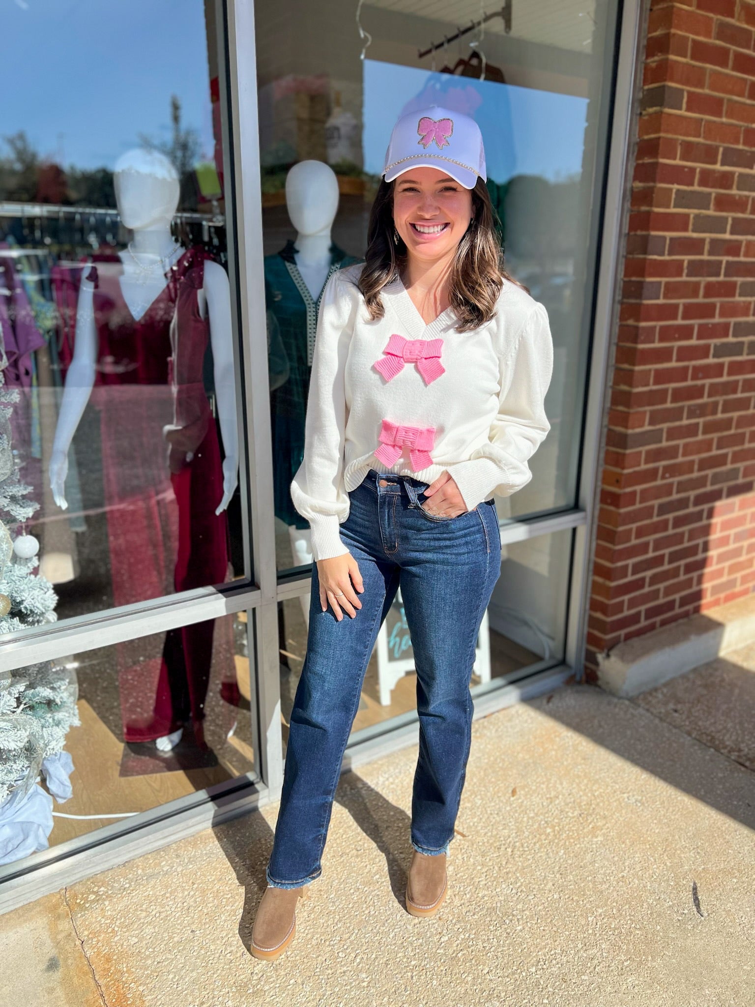 What A Surprise Cream Long Sleeve Sweater with Pink Bow Details - A'Bekah's Boutique