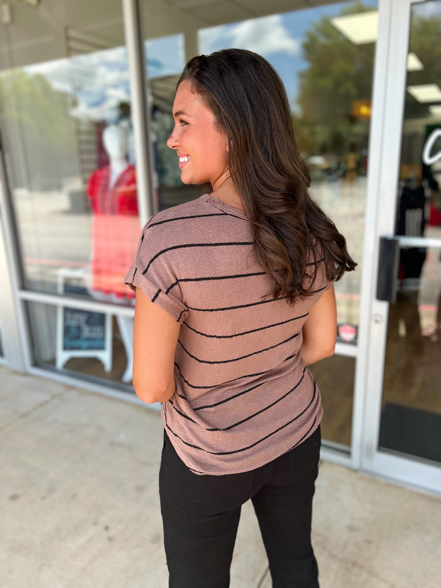 Wherever You Are Mocha Striped Short Cuff Sleeve Top - A'Bekah's Boutique