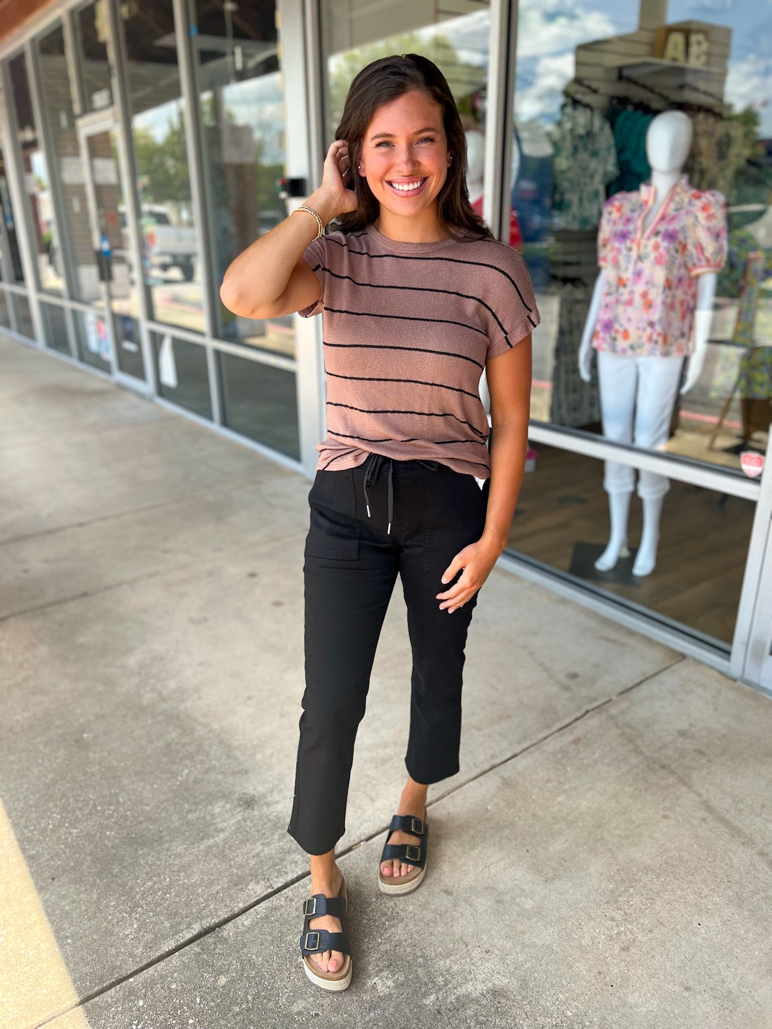 Wherever You Are Mocha Striped Short Cuff Sleeve Top - A'Bekah's Boutique