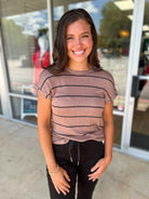 Wherever You Are Mocha Striped Short Cuff Sleeve Top - A'Bekah's Boutique