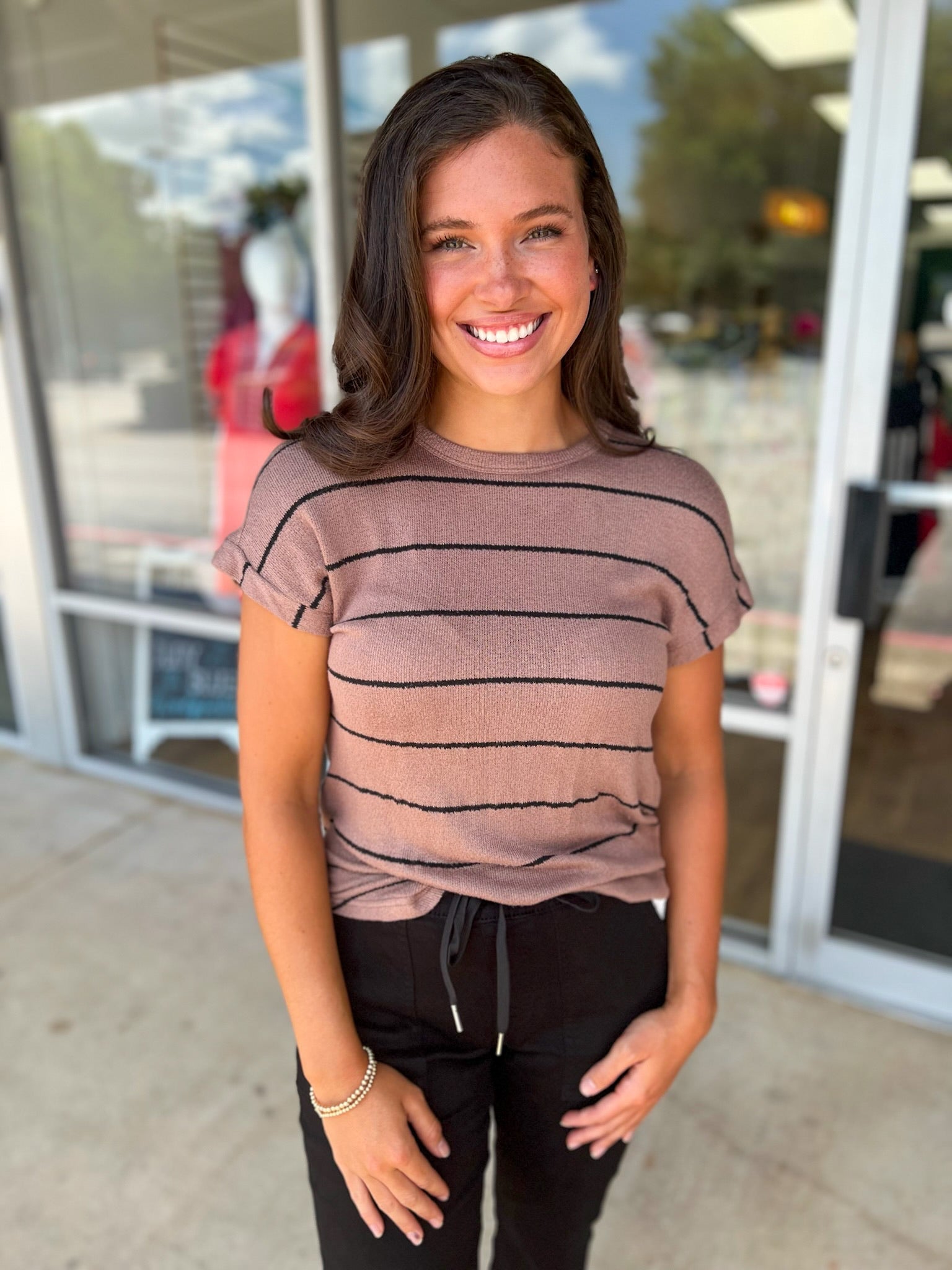 Wherever You Are Mocha Striped Short Cuff Sleeve Top - A'Bekah's Boutique