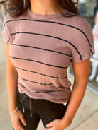 Wherever You Are Mocha Striped Short Cuff Sleeve Top - A'Bekah's Boutique