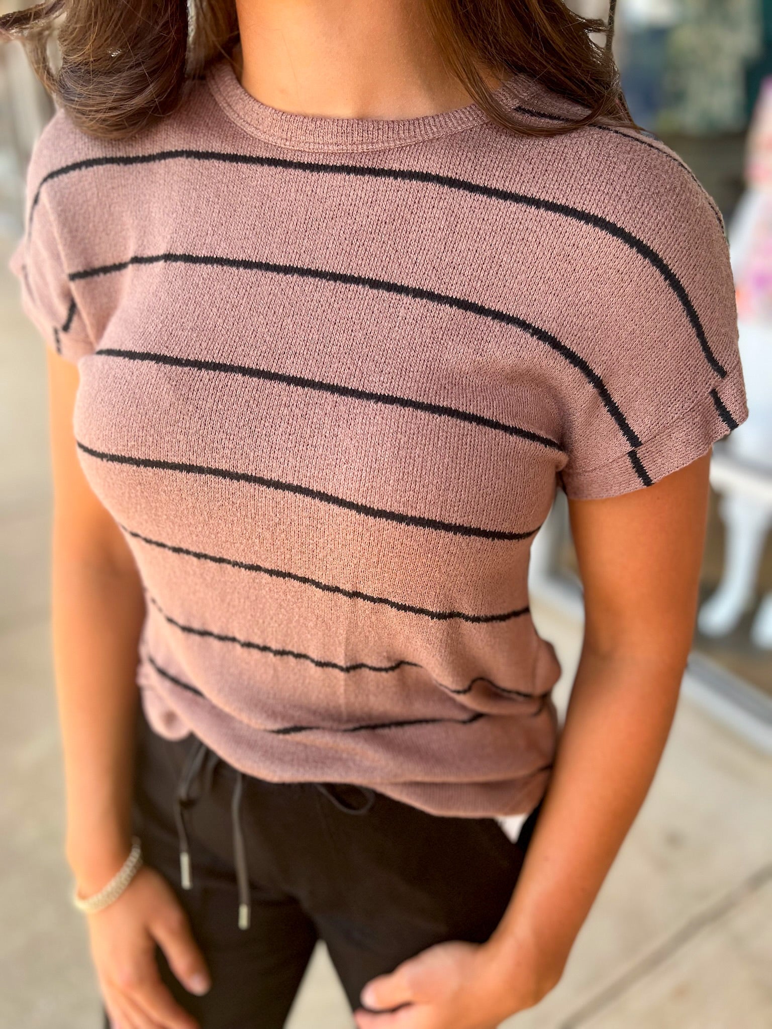 Wherever You Are Mocha Striped Short Cuff Sleeve Top - A'Bekah's Boutique