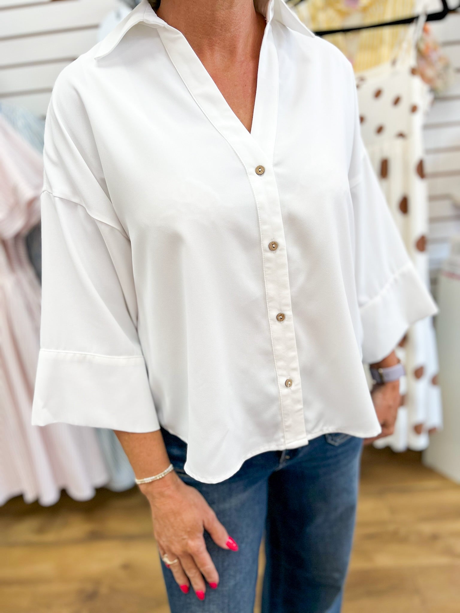 White Button Down Top with Wide Dolman Sleeves - A'Bekah's Boutique
