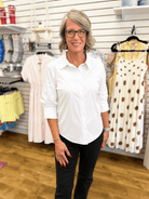 White Button Up Top with 3/4 Ruched Sleeves - A'Bekah's Boutique