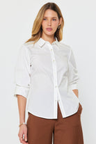 White Button Up Top with 3/4 Ruched Sleeves - A'Bekah's Boutique