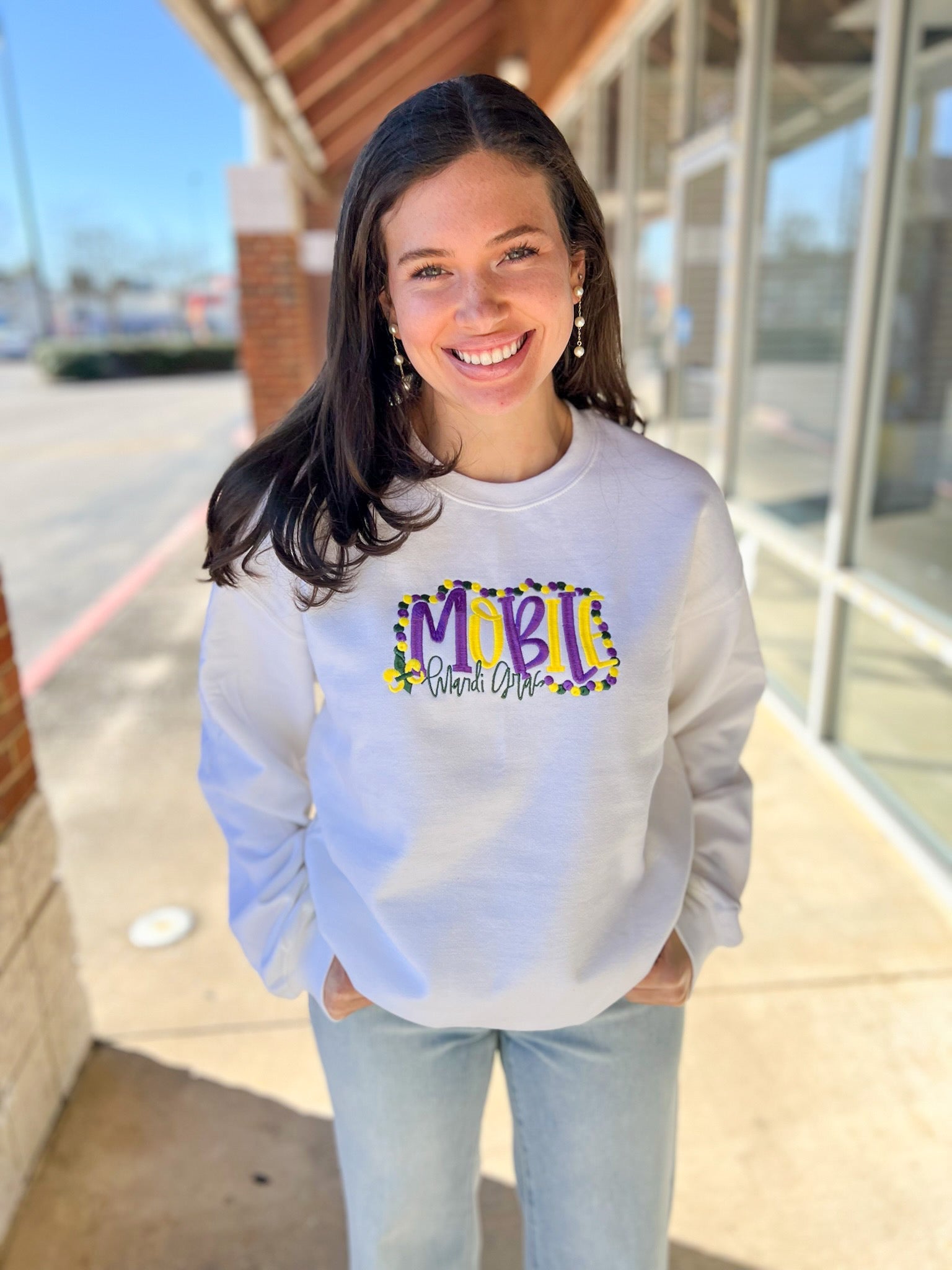 White Mobile Mardi Gras Embroidered Sweatshirt - A'Bekah's Boutique