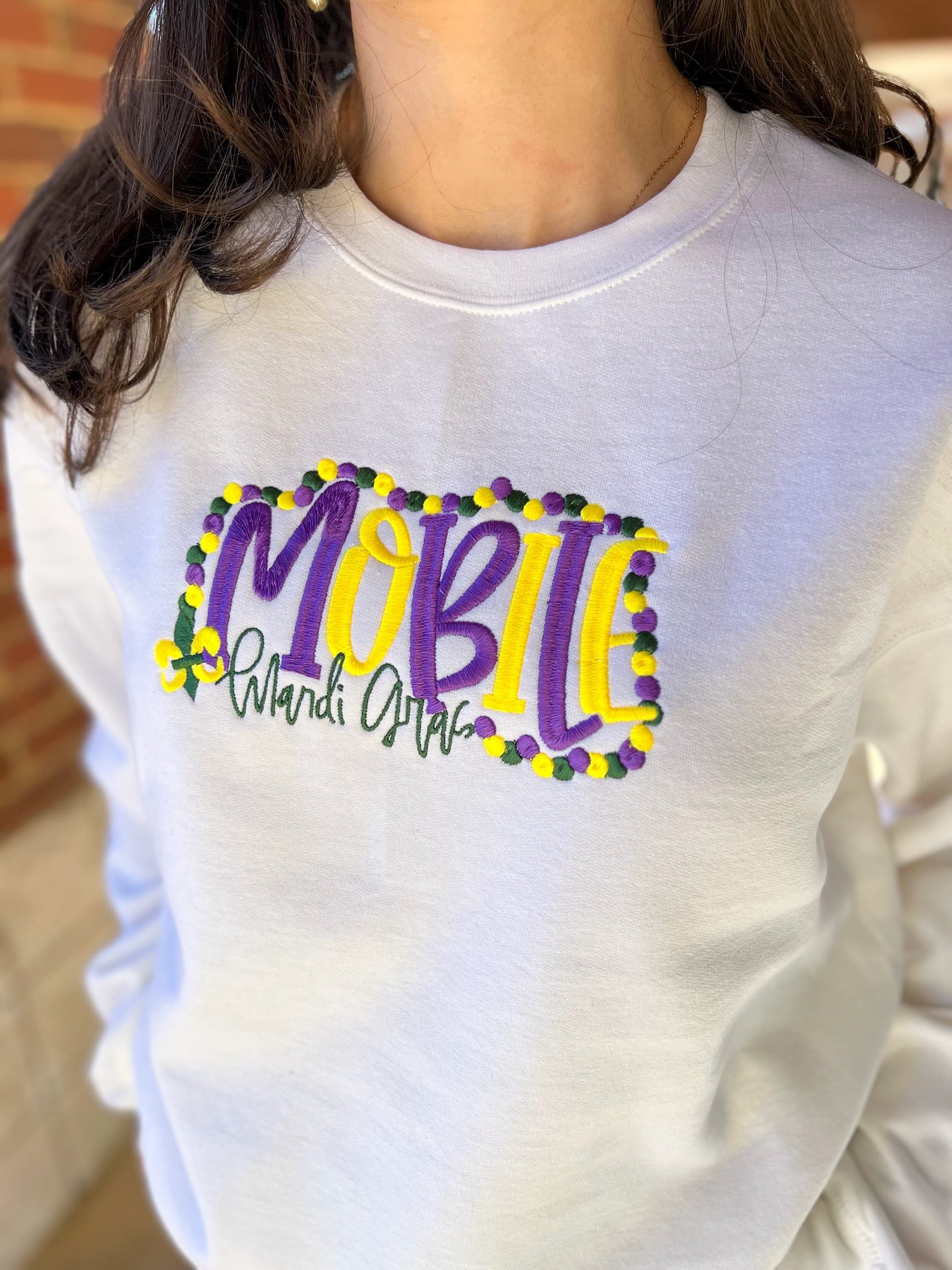 White Mobile Mardi Gras Embroidered Sweatshirt - A'Bekah's Boutique