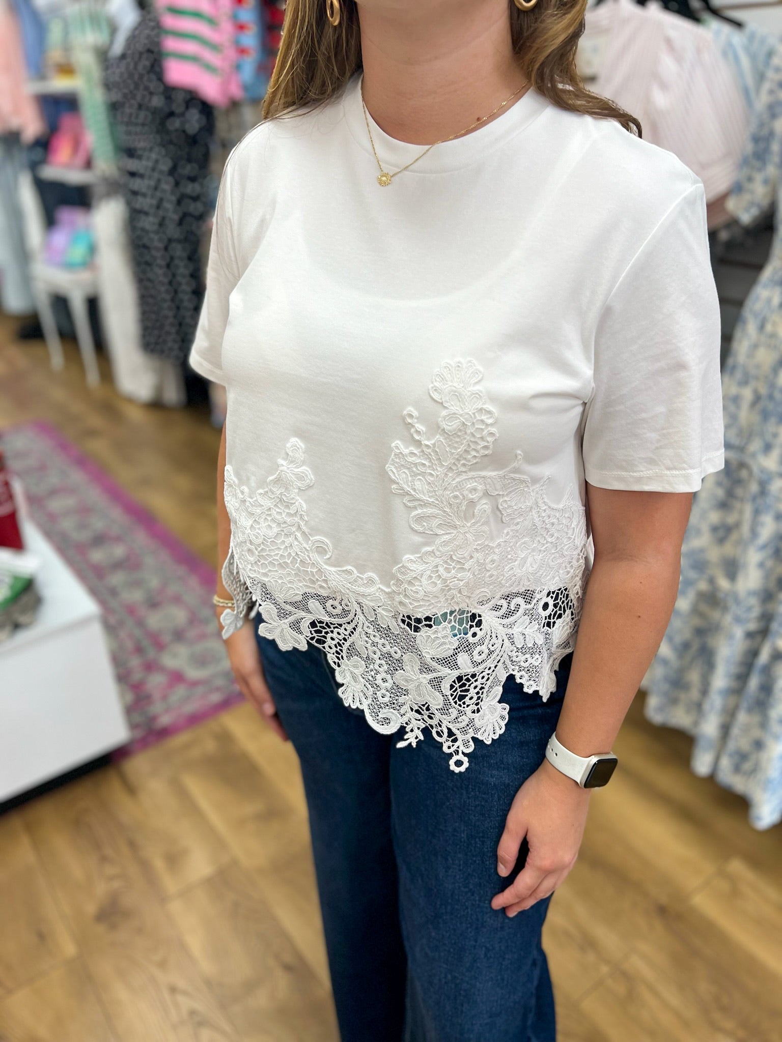 White Short Sleeve Cotton Top with Asymmetric Lace Hem - A'Bekah's Boutique