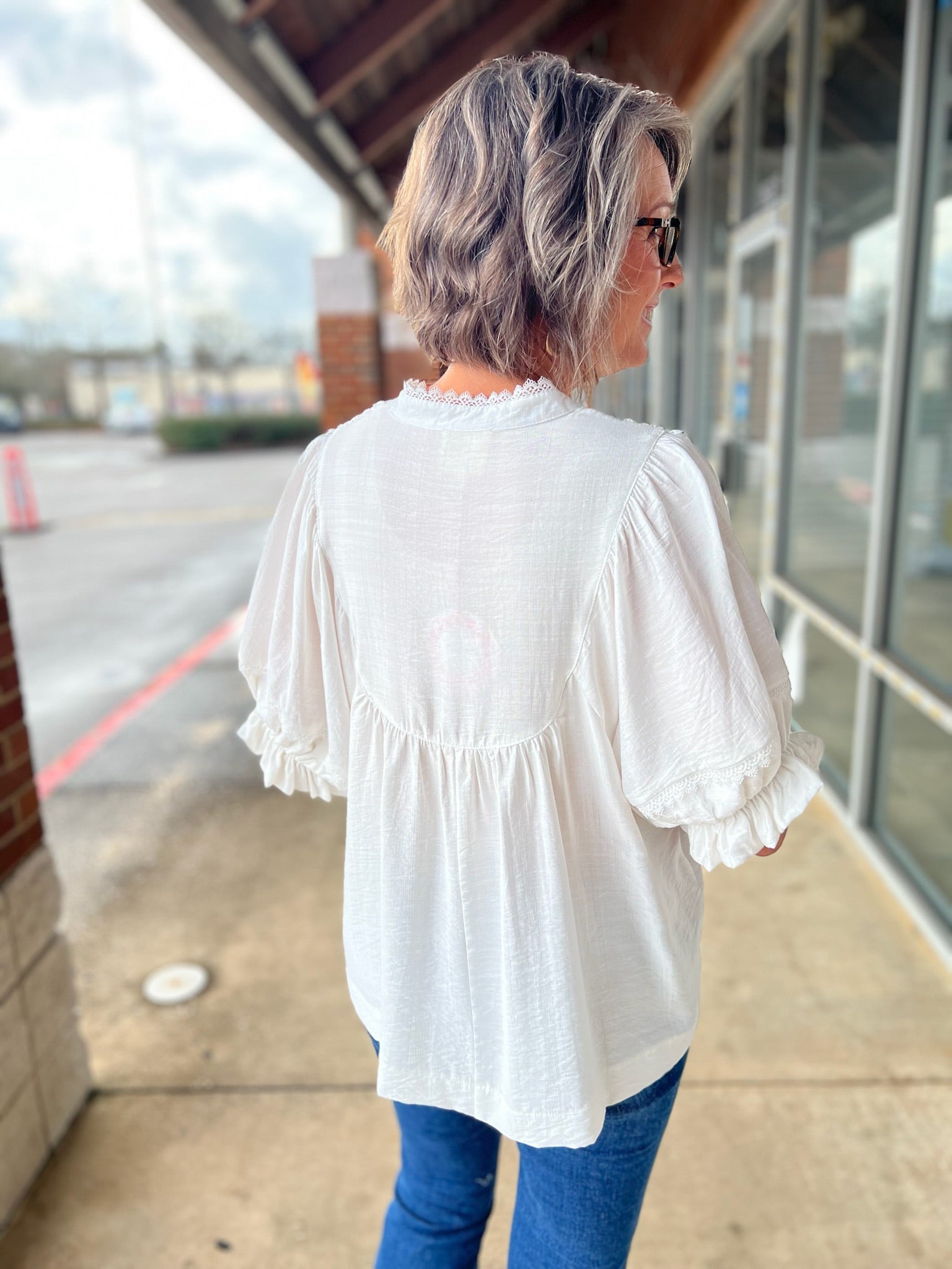 White Top with Elbow Length Sleeves and Smocked V - Neck - A'Bekah's Boutique