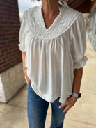 White Top with Elbow Length Sleeves and Smocked V - Neck - A'Bekah's Boutique