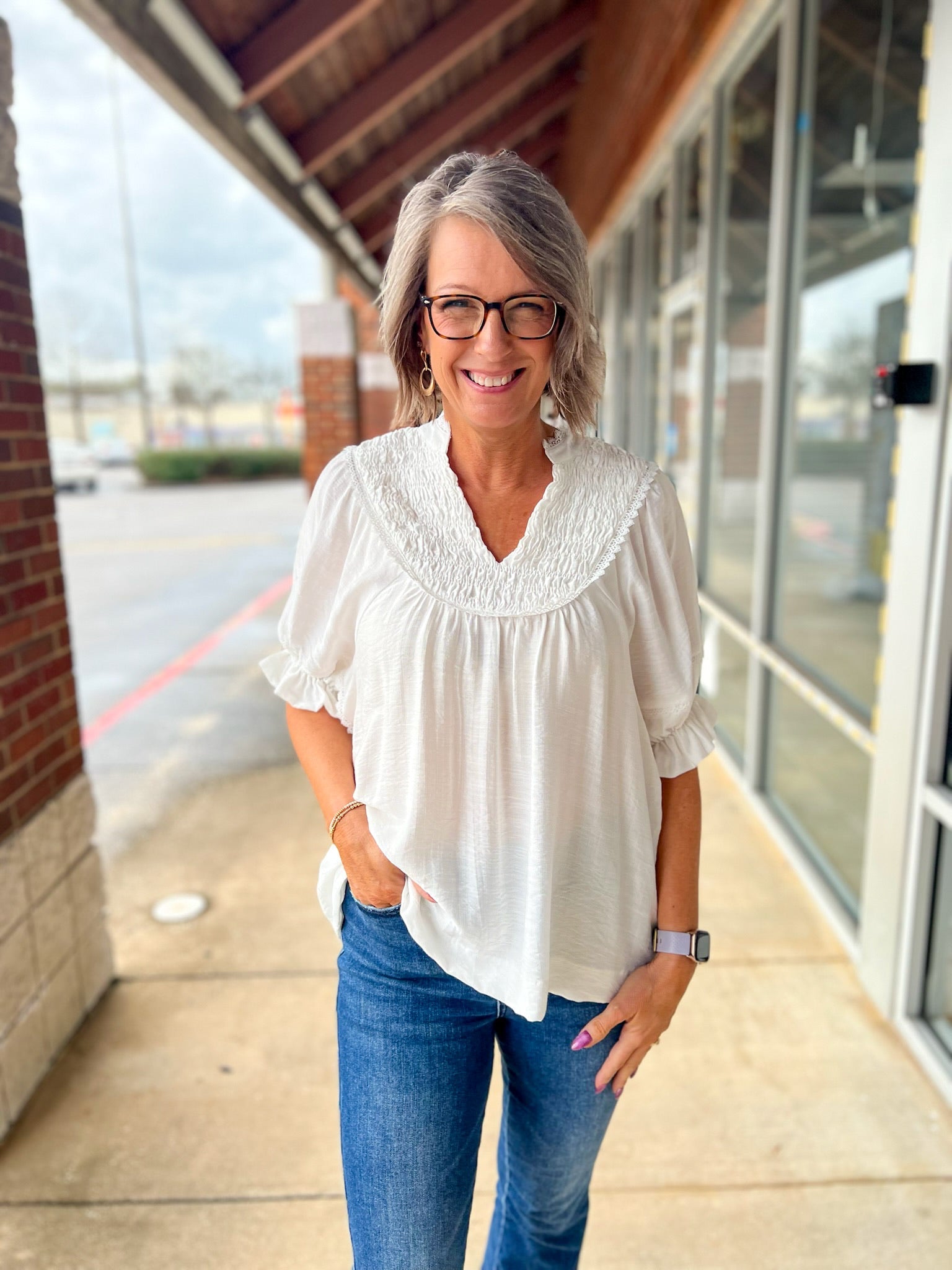 White Top with Elbow Length Sleeves and Smocked V - Neck - A'Bekah's Boutique
