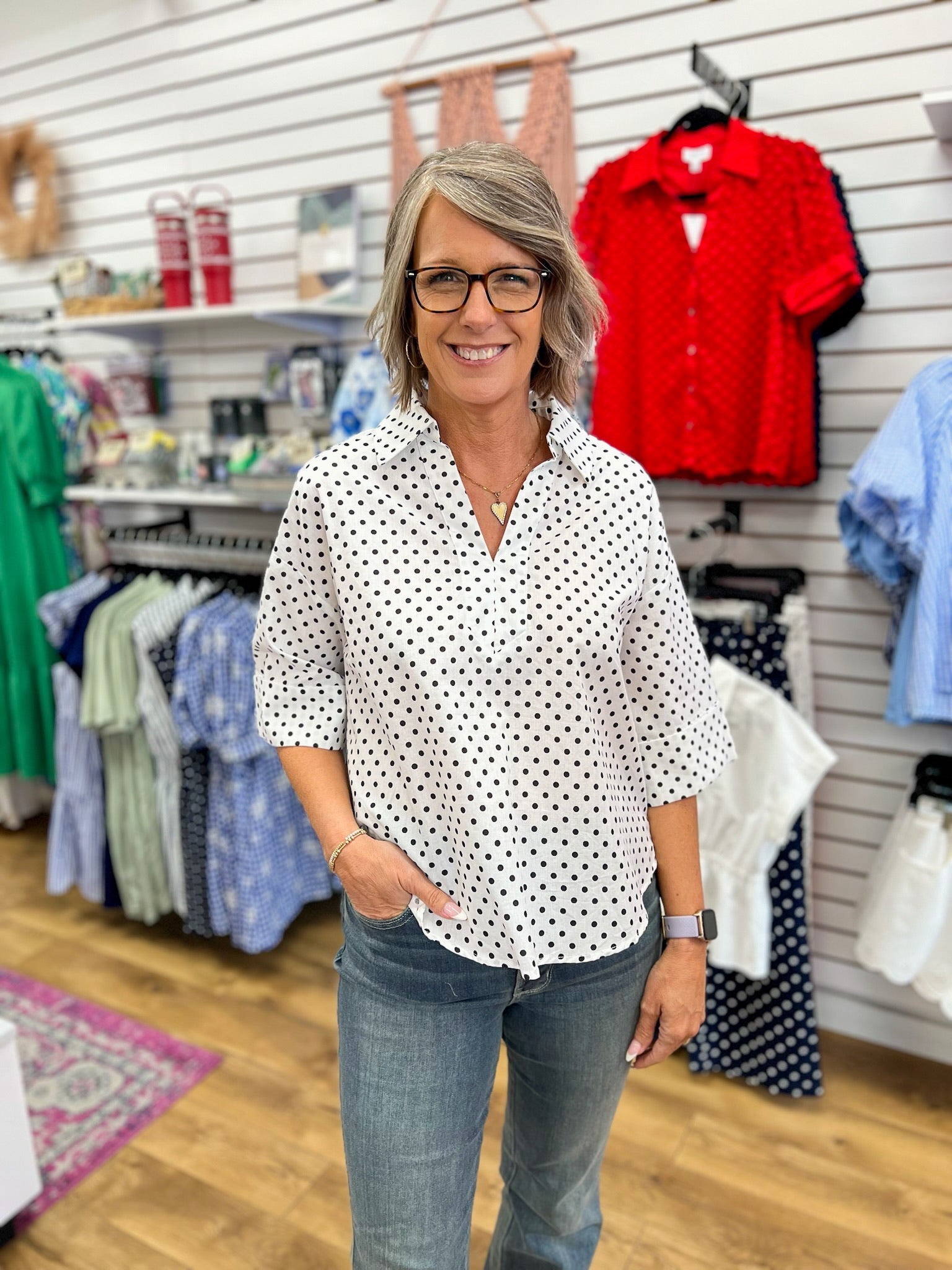 White V - Neck Top with Black Polka Dots - A'Bekah's Boutique