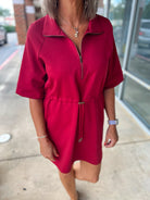Who I Am Burgundy Zip Front Dress with Drawstring Waist - A'Bekah's Boutique