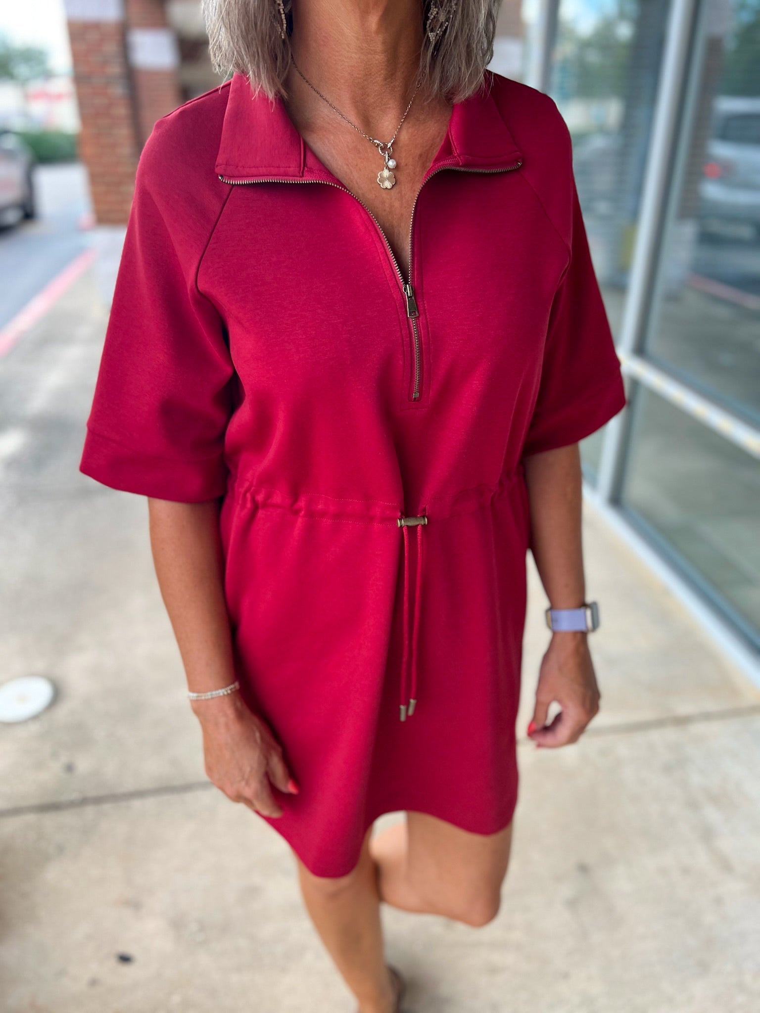 Who I Am Burgundy Zip Front Dress with Drawstring Waist - A'Bekah's Boutique
