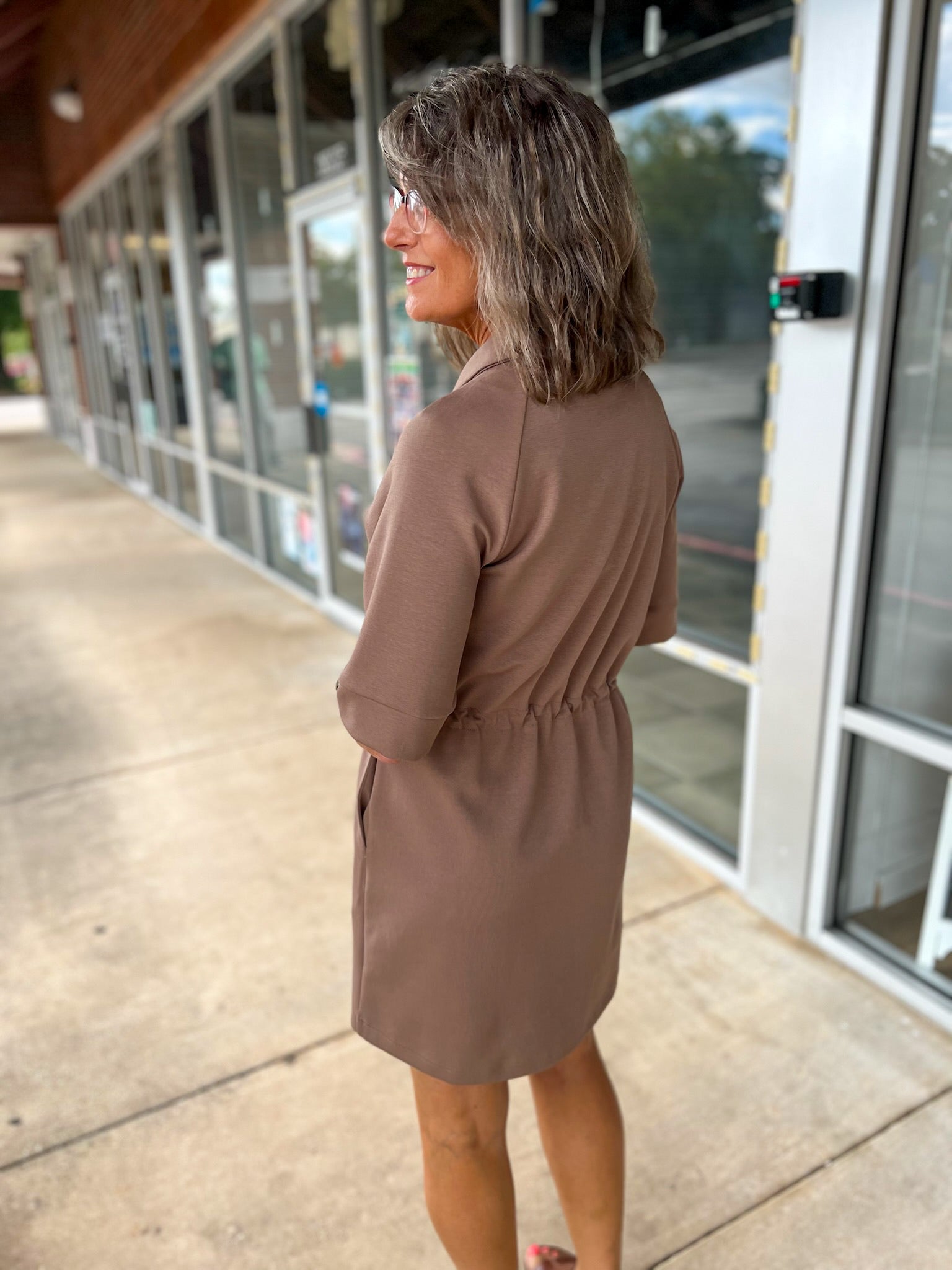 Who I Am Mocha Zip Front Dress with Drawstring Waist - A'Bekah's Boutique