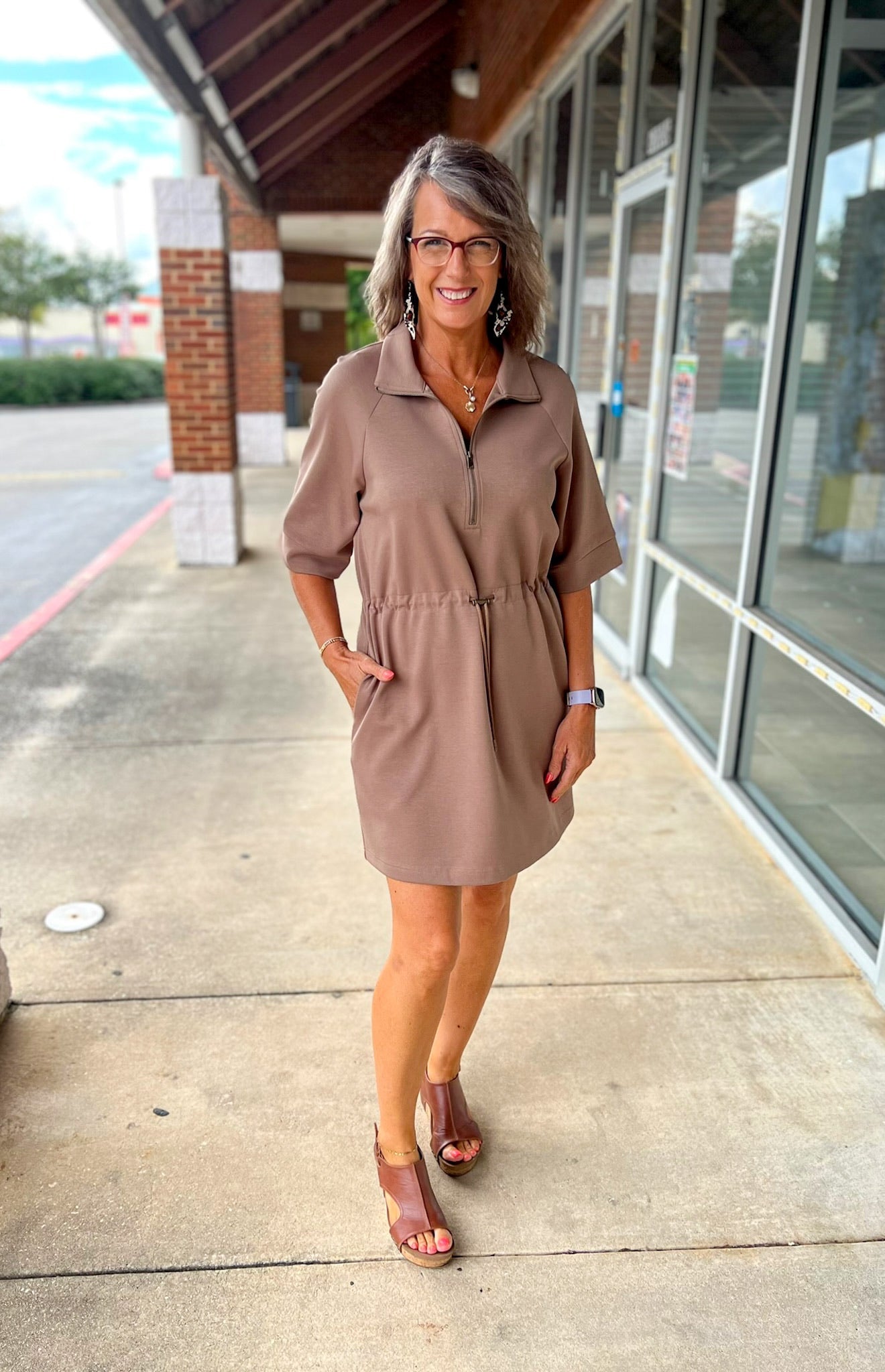 Who I Am Mocha Zip Front Dress with Drawstring Waist - A'Bekah's Boutique