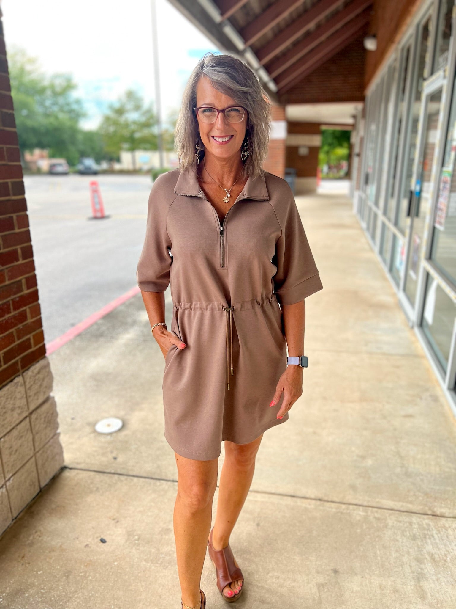 Who I Am Mocha Zip Front Dress with Drawstring Waist - A'Bekah's Boutique