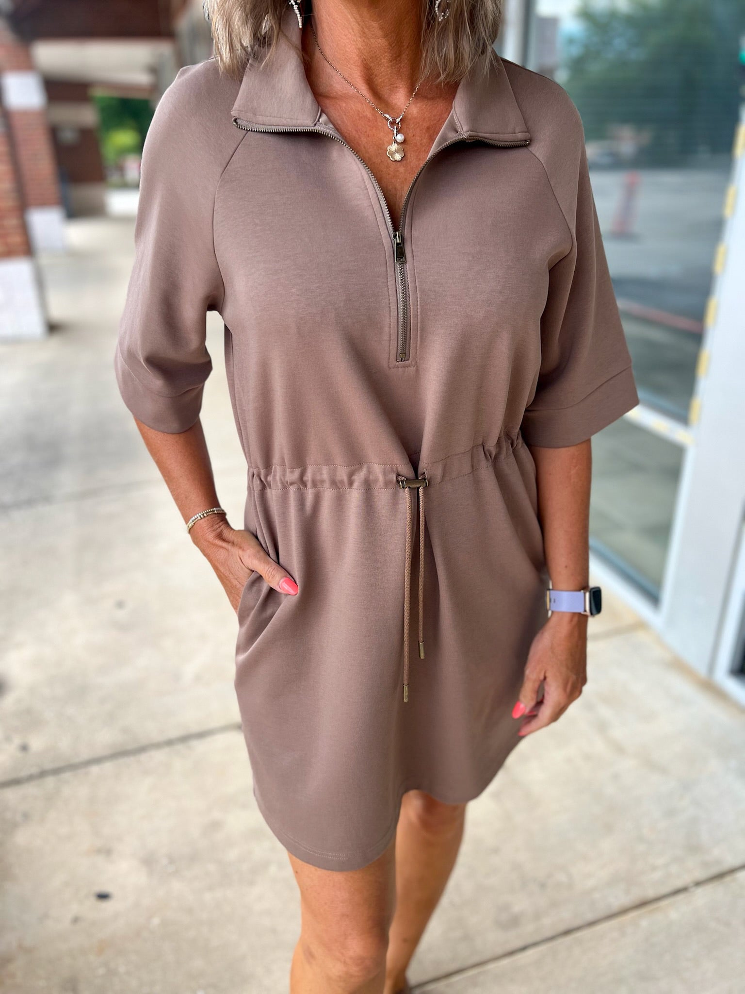 Who I Am Mocha Zip Front Dress with Drawstring Waist - A'Bekah's Boutique