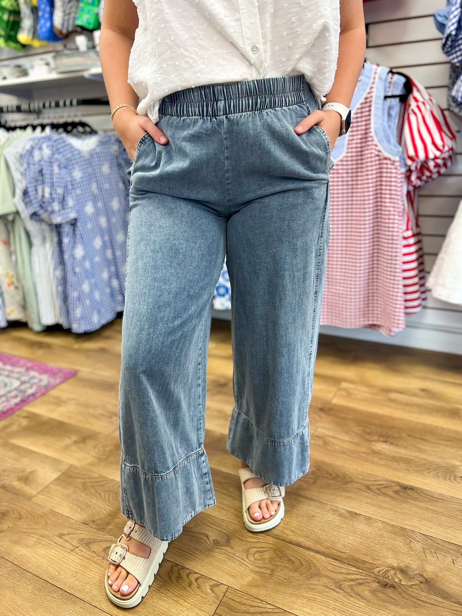 Wide Leg Elastic Waist Denim with Pockets - A'Bekah's Boutique