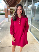 Wine 3/4 Sleeve Knit Collared Dress with Pockets - A'Bekah's Boutique