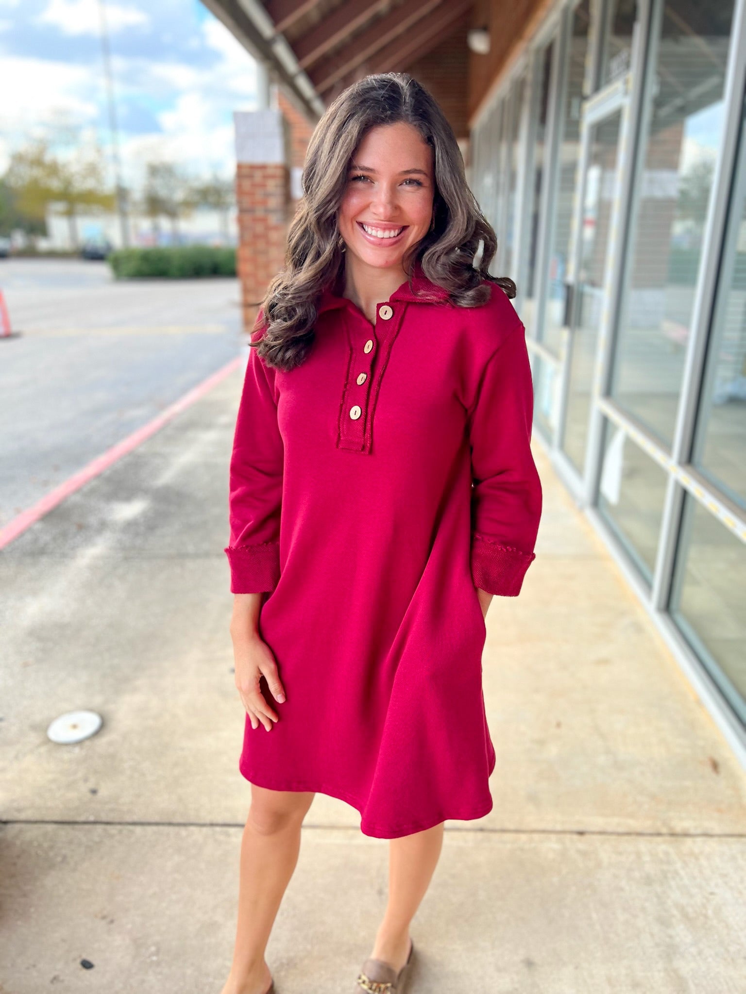 Wine 3/4 Sleeve Knit Collared Dress with Pockets - A'Bekah's Boutique