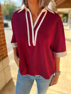 Wine Collared V - Neck Short Sleeve Top - A'Bekah's Boutique