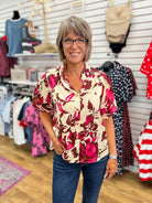 Wine Floral Top with Short Puff Sleeves - A'Bekah's Boutique