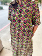 Wine Geometric Print Button Up Short Sleeve Midi Dress - A'Bekah's Boutique