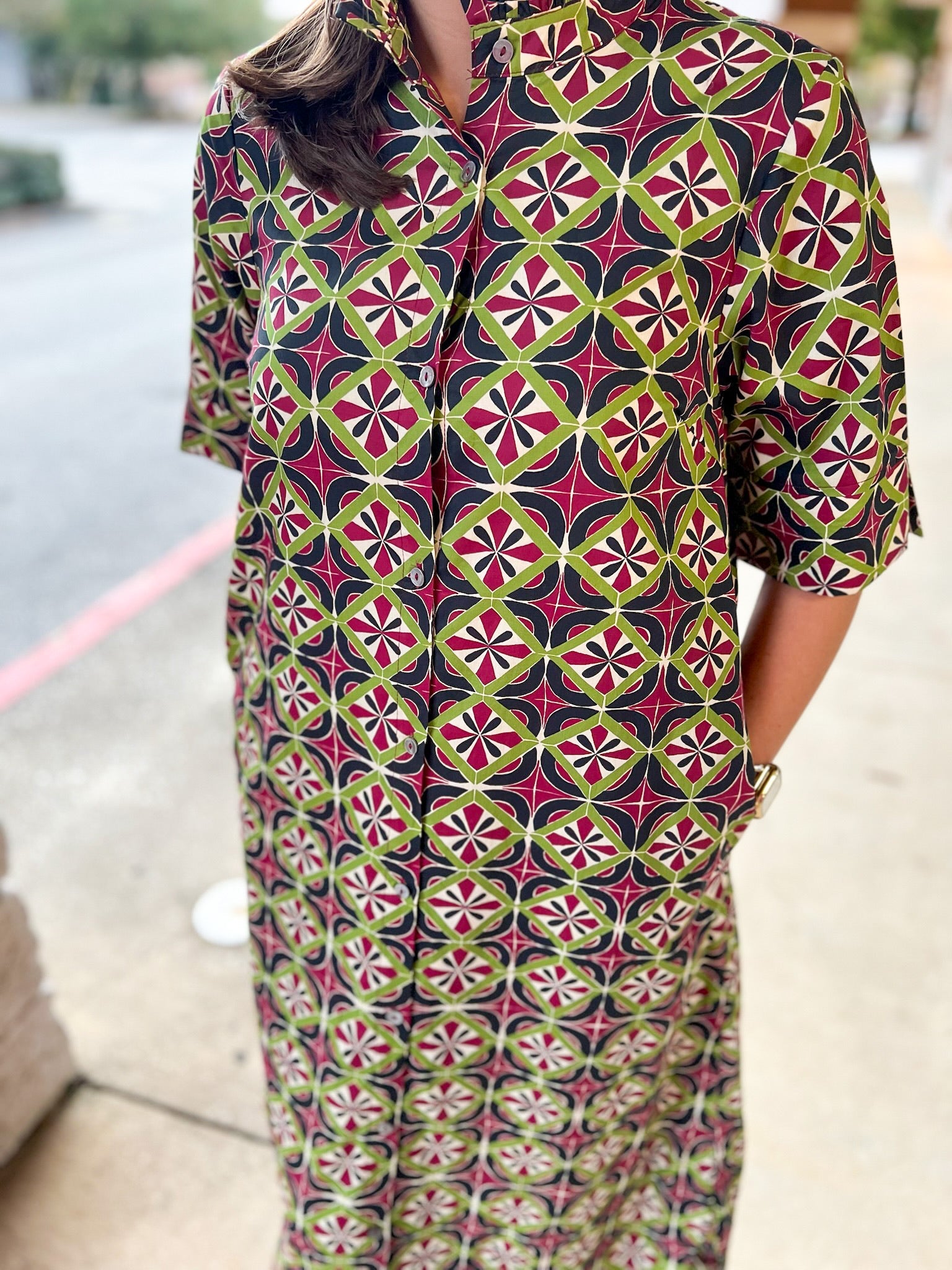 Wine Geometric Print Button Up Short Sleeve Midi Dress - A'Bekah's Boutique