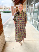 Wine Geometric Print Button Up Short Sleeve Midi Dress - A'Bekah's Boutique