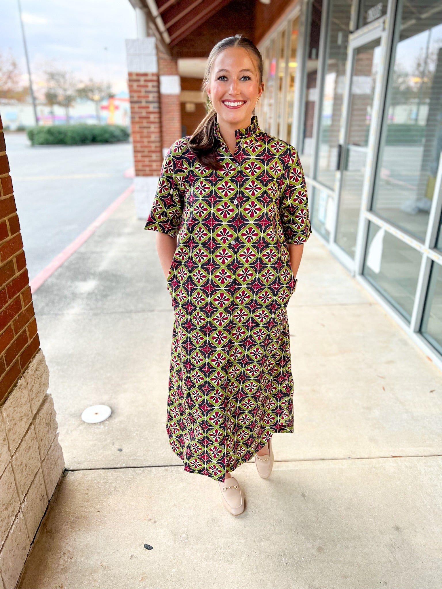 Wine Geometric Print Button Up Short Sleeve Midi Dress - A'Bekah's Boutique