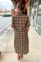 Wine Geometric Print Button Up Short Sleeve Midi Dress - A'Bekah's Boutique