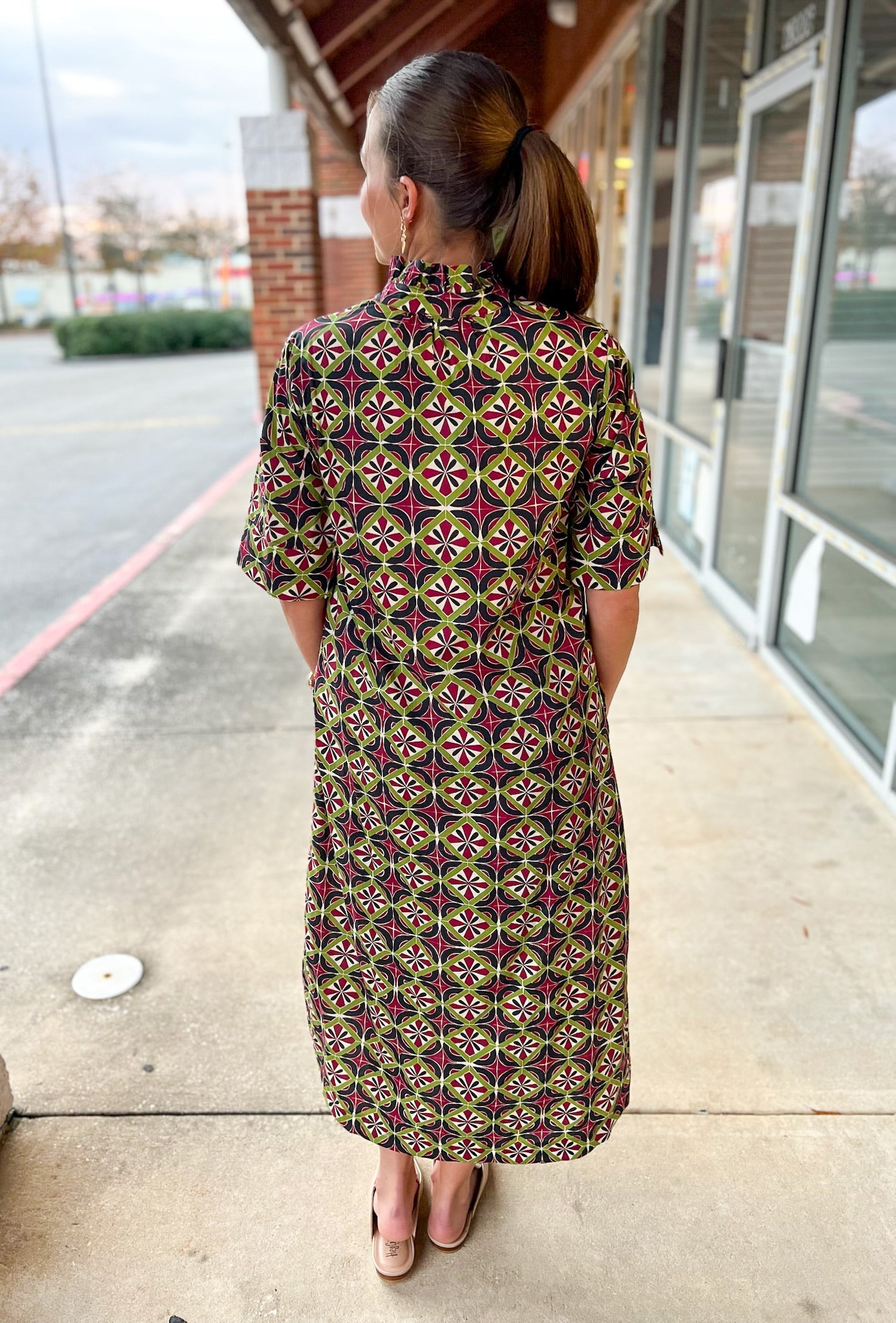 Wine Geometric Print Button Up Short Sleeve Midi Dress - A'Bekah's Boutique