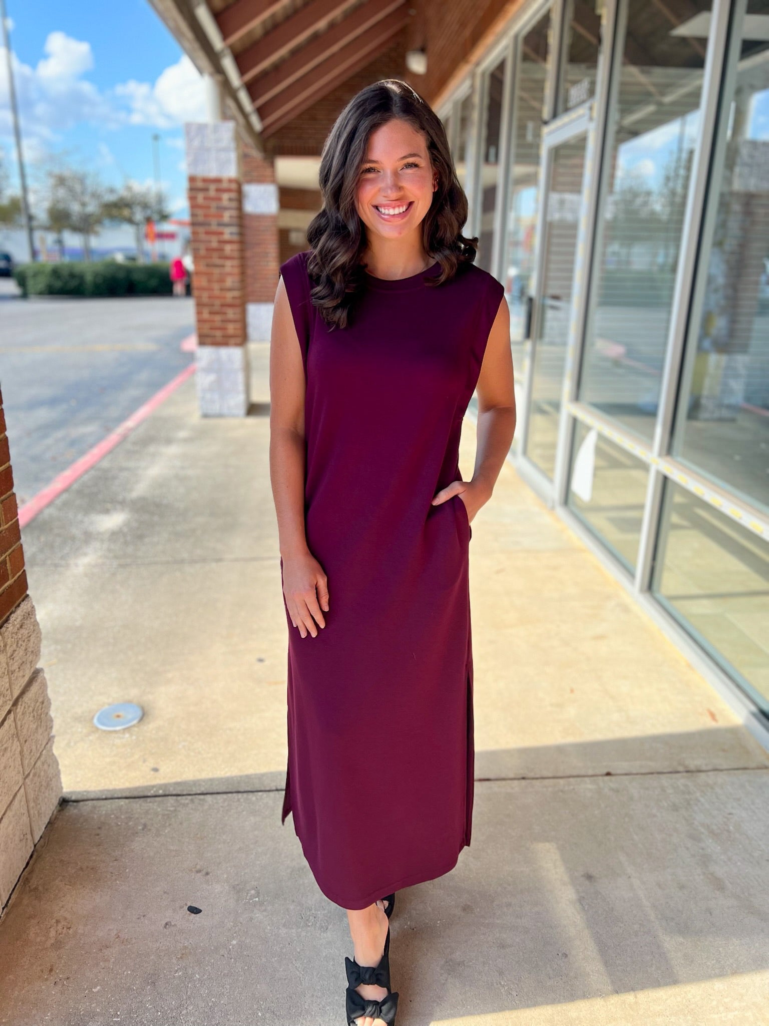 Wine Jersey Knit Midi Dress with Side Slits - A'Bekah's Boutique