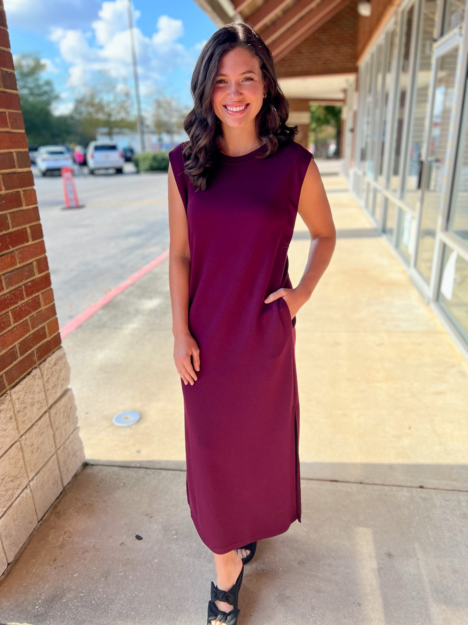 Wine Jersey Knit Midi Dress with Side Slits - A'Bekah's Boutique