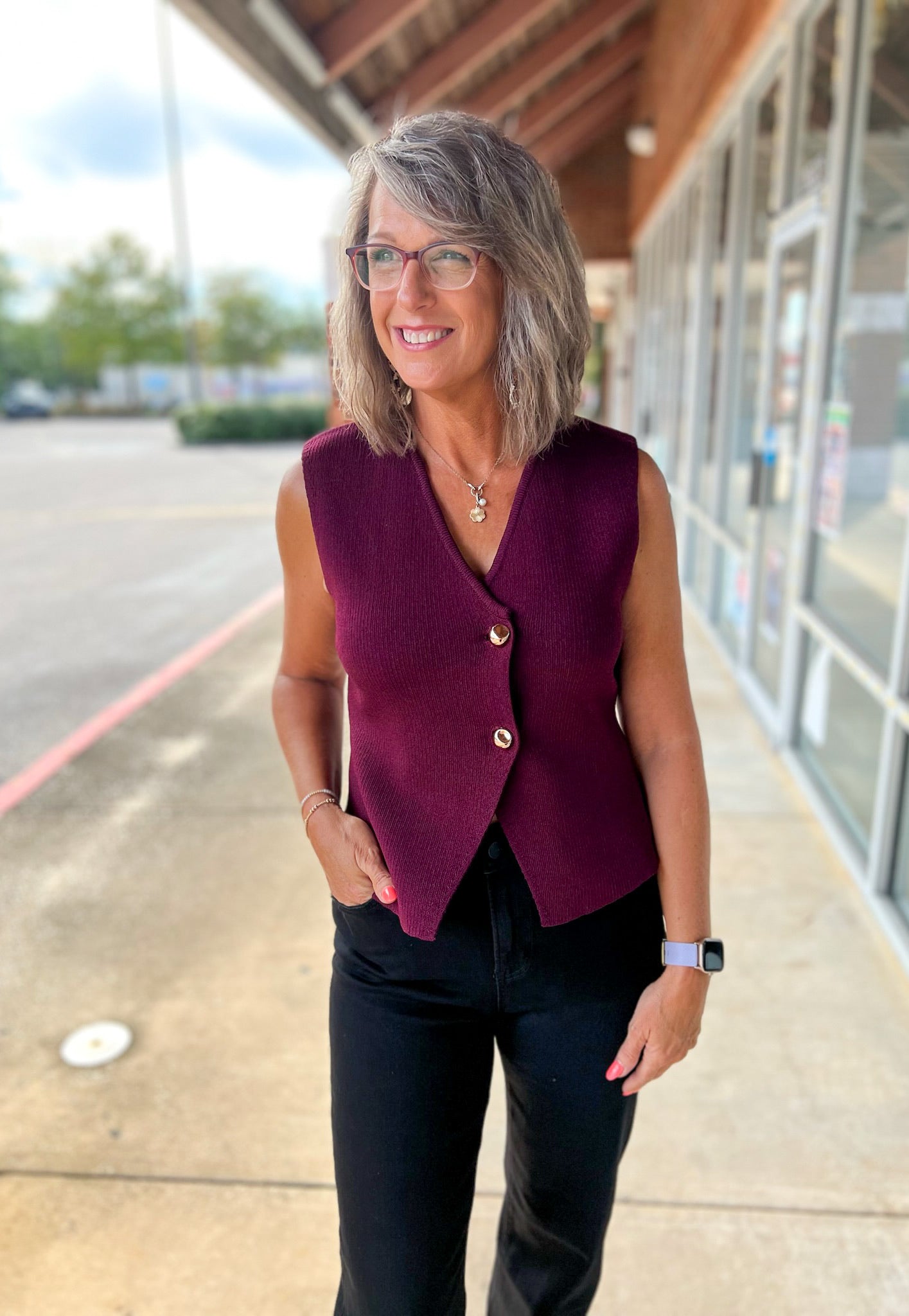 Wine Knit Sweater Vest with Gold Buttons - A'Bekah's Boutique