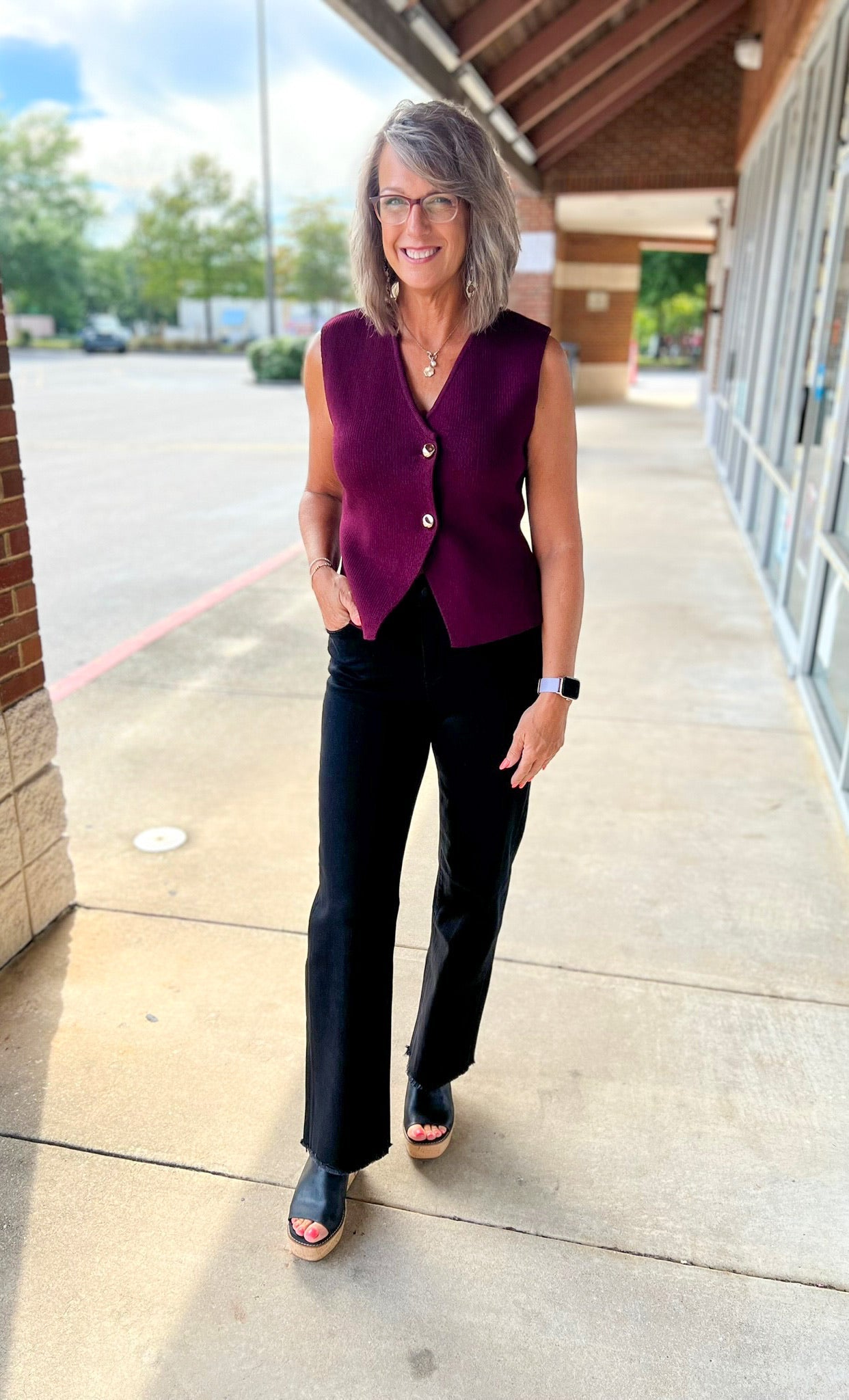 Wine Knit Sweater Vest with Gold Buttons - A'Bekah's Boutique