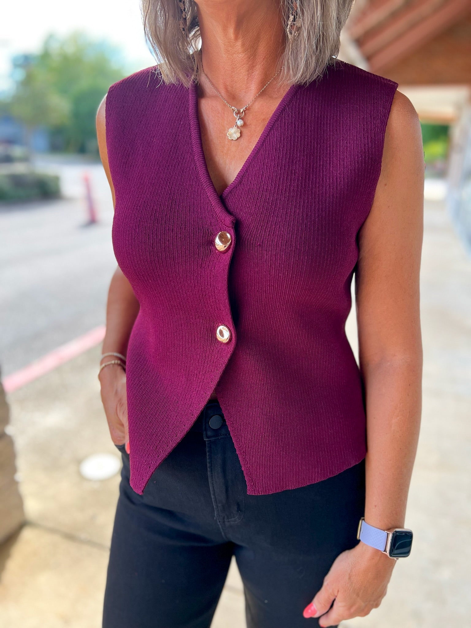 Wine Knit Sweater Vest with Gold Buttons - A'Bekah's Boutique