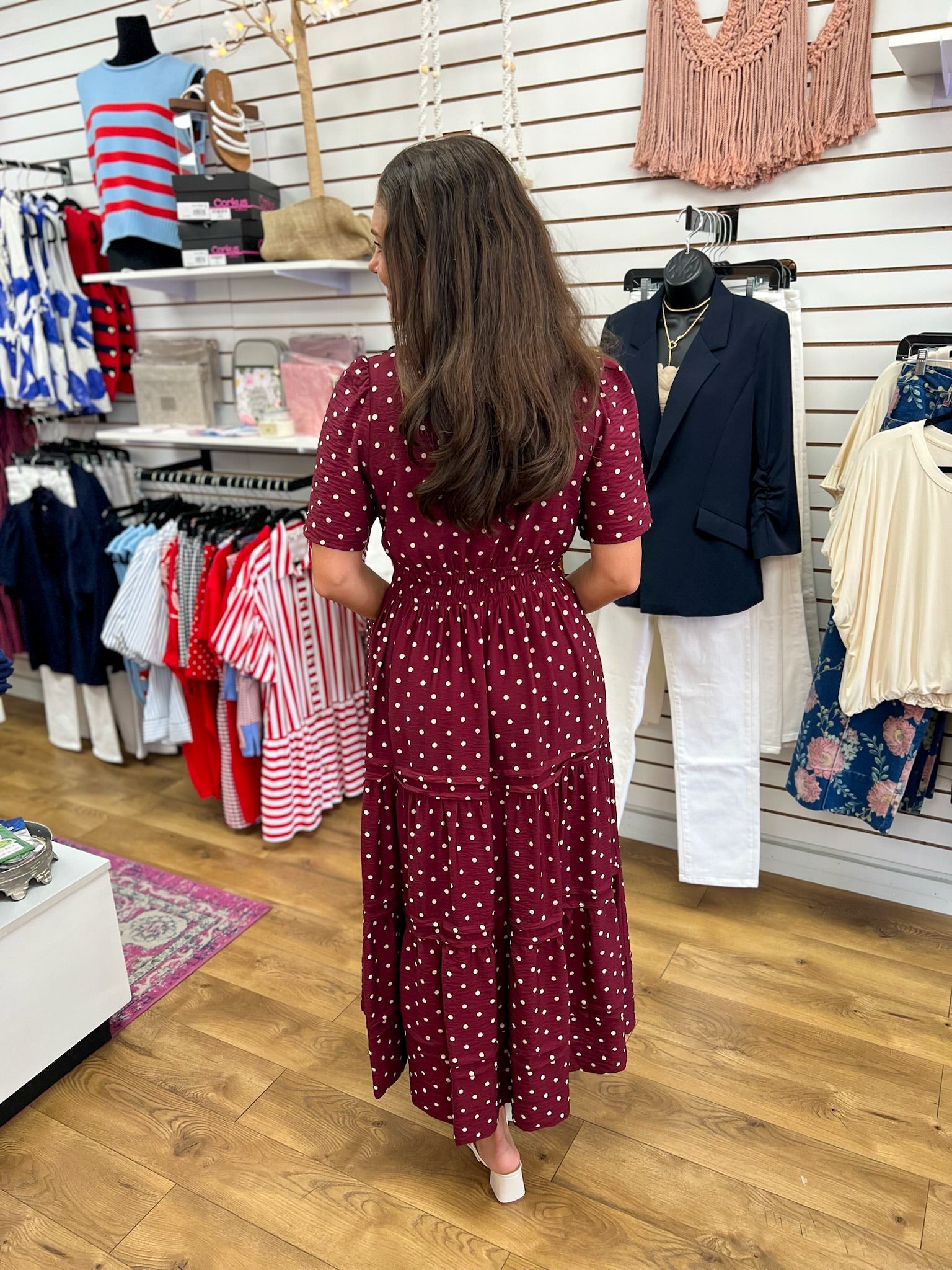 Wine Polka Dot V-Neck Tiered Maxi Dress - A'Bekah's Boutique